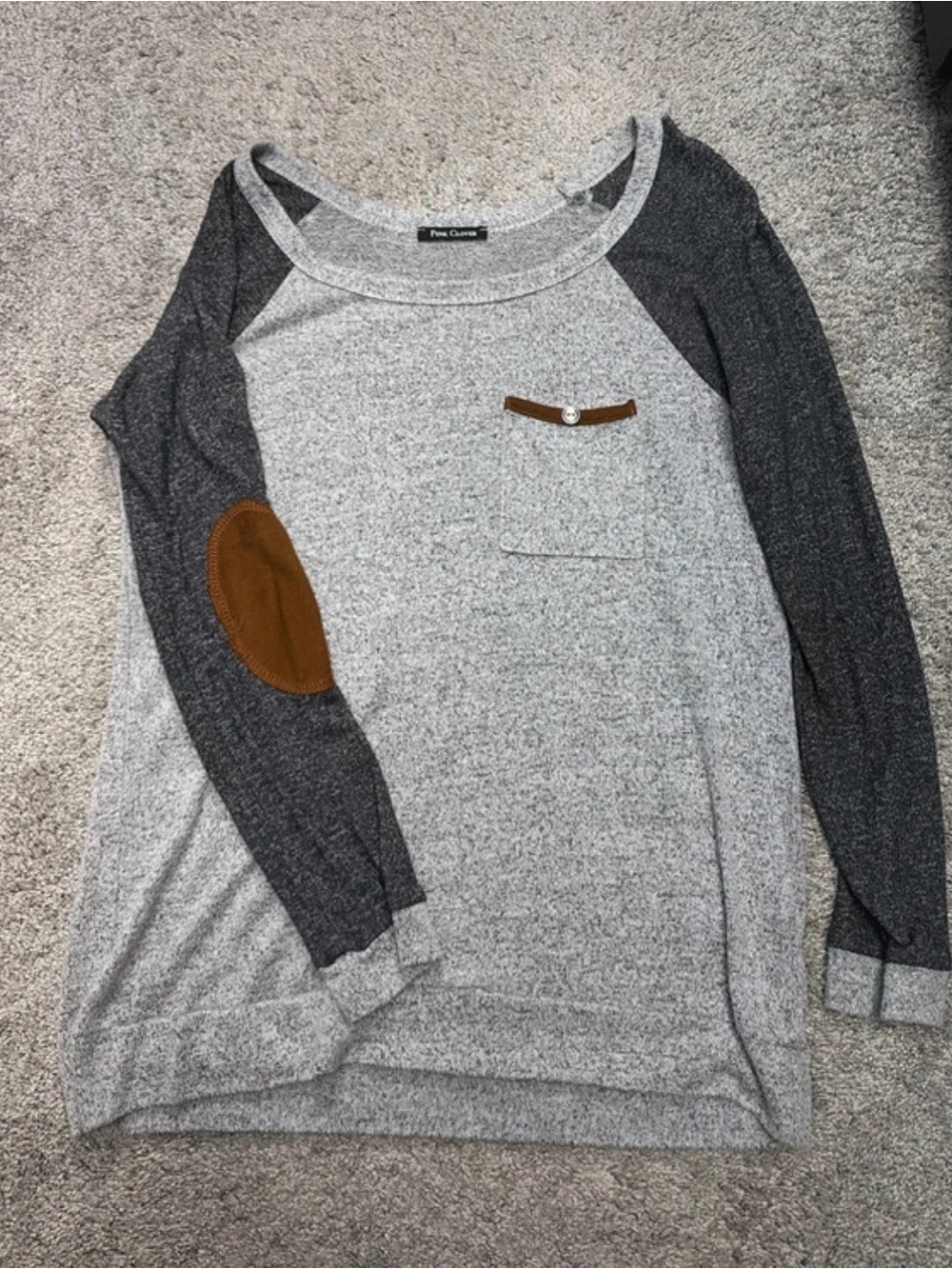Pink Clover Gray and Charcoal Long Sleeve Raglan Top with Brown Elbow Patch